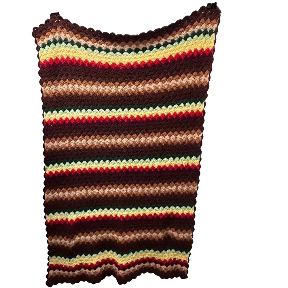 Vtg Handmade Crochet Afghan Throw Blanket Multi Color Striped MCM Colorful 44x67